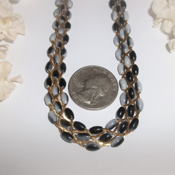 Vintage Necklace Beaded Gold Black Grey Ombre Beaded Woven Braided Jewelry A432 - Picture 3 of 6